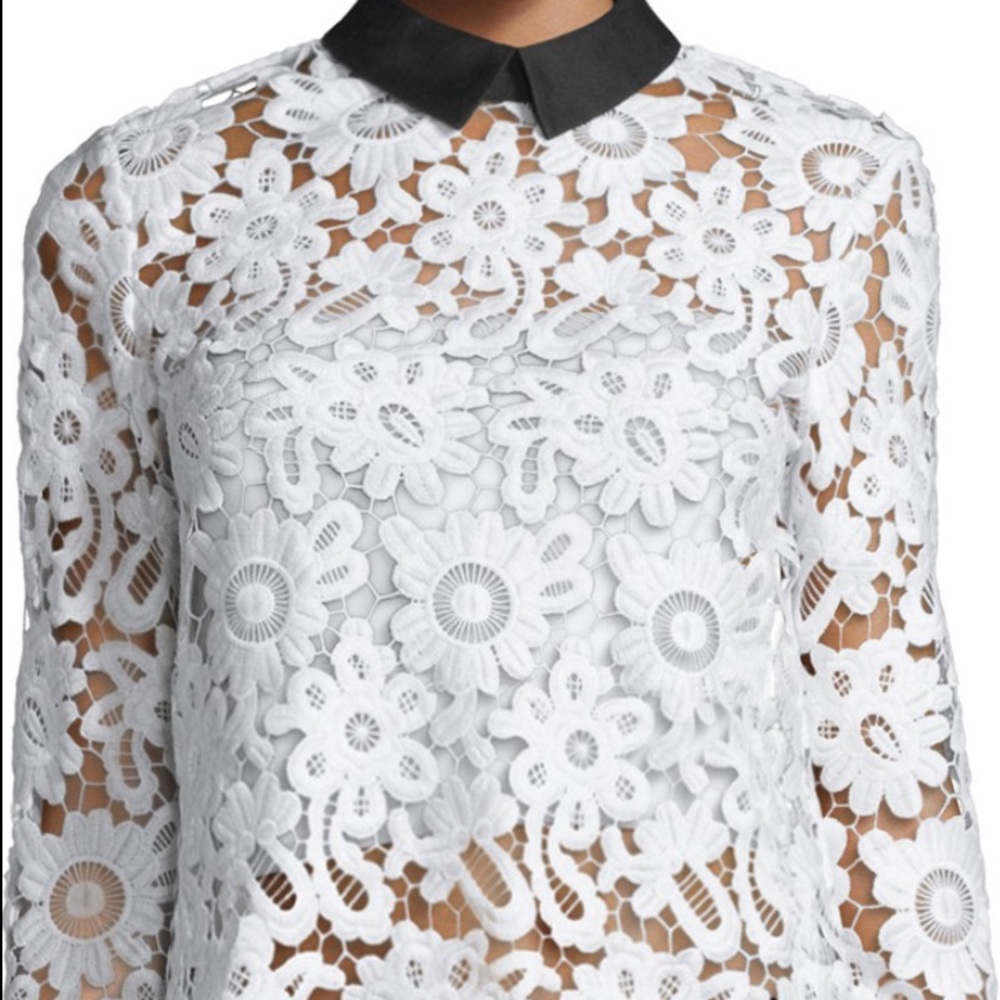 Self-Portrait Long-Sleeve Collared Lace Top, White/Black